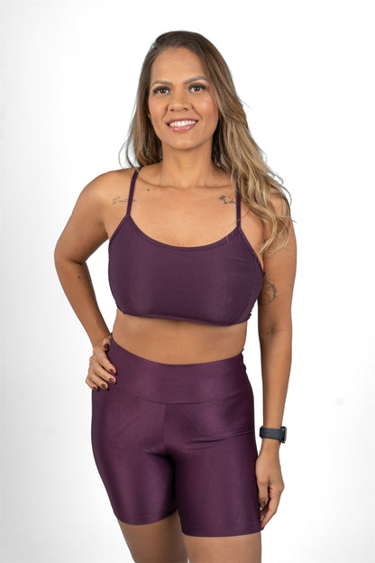 Conjunto Short Ártico Madê Mirtilo, detalhe do top de alças finas